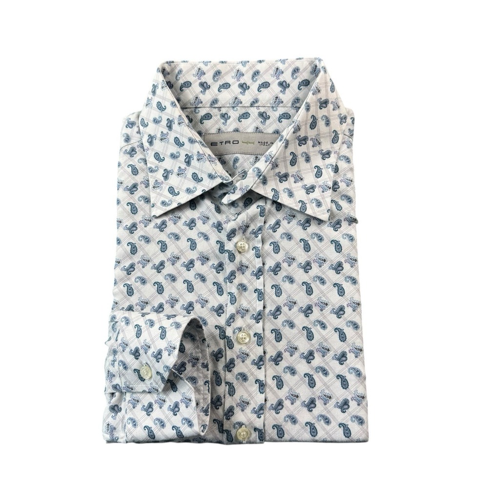 Etro Milano White Blue Paisley AOP Men's L/S Button Front Size 44